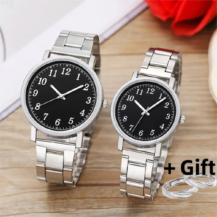 UPHUI Couple Watches + Couple Rings Set (4pcs) – Silver