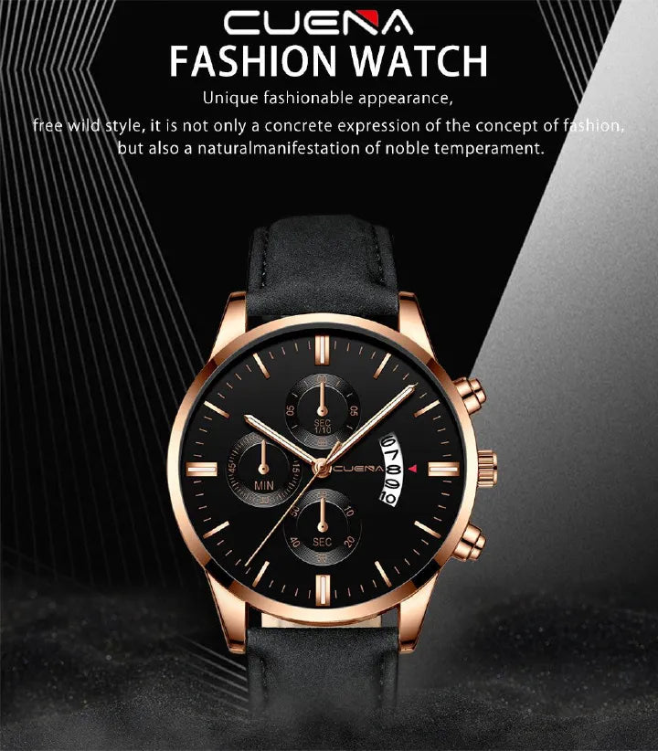 CUENA Men’s Quartz Watch – Leather Strap, Waterproof (Business Style)