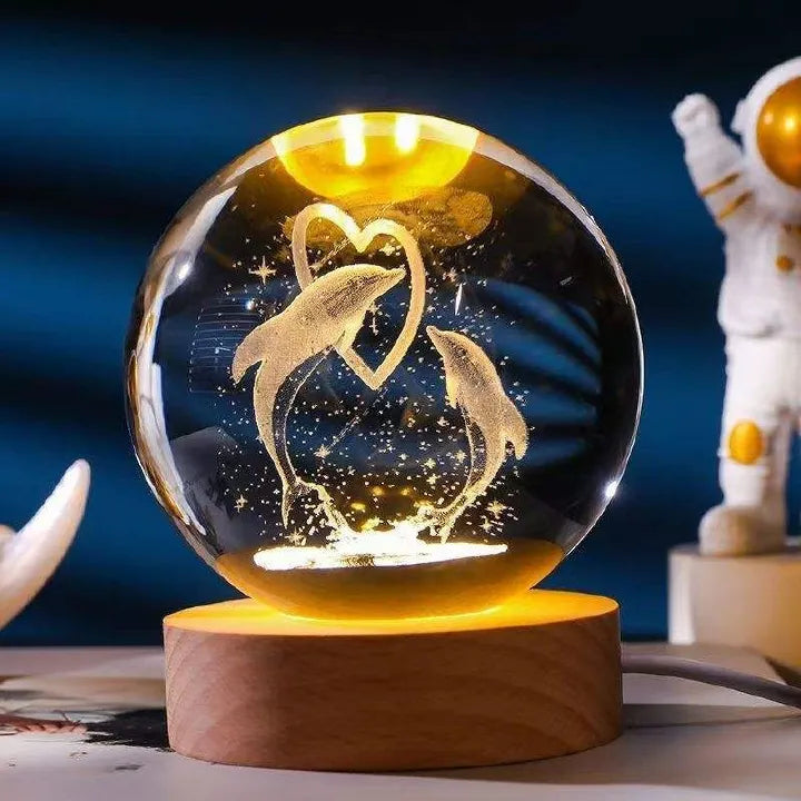 3D Dolphin Crystal Ball Decor – Wooden Light Base