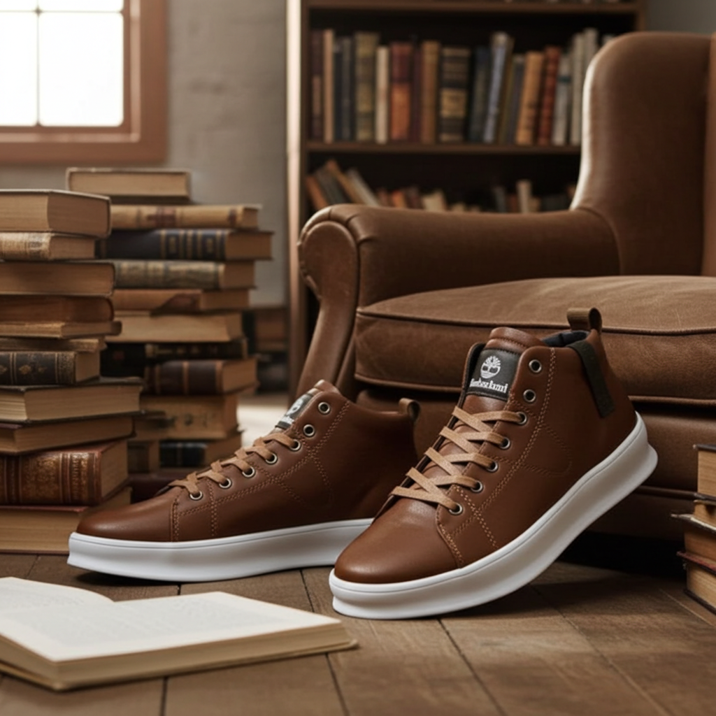 Men’s Brown Casual Mid-Top Sneakers – Lace-Up Rubber Sole