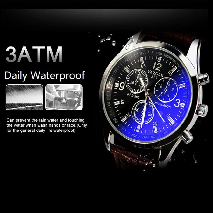 Men’s Leather Strap Quartz Watch – Stainless Steel, Waterproof