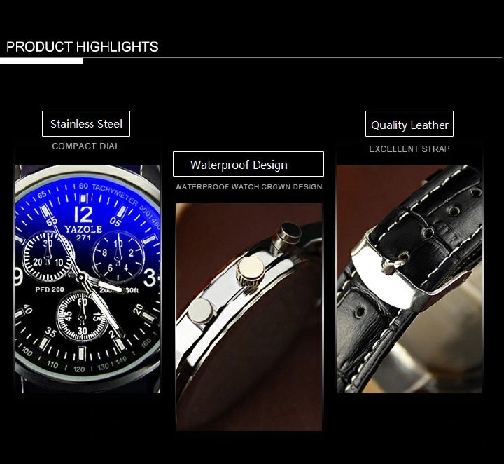 Men’s Leather Strap Quartz Watch – Stainless Steel, Waterproof