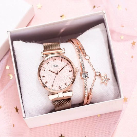 Luxury Women Quartz Watch + Bracelet Set – Iced Style