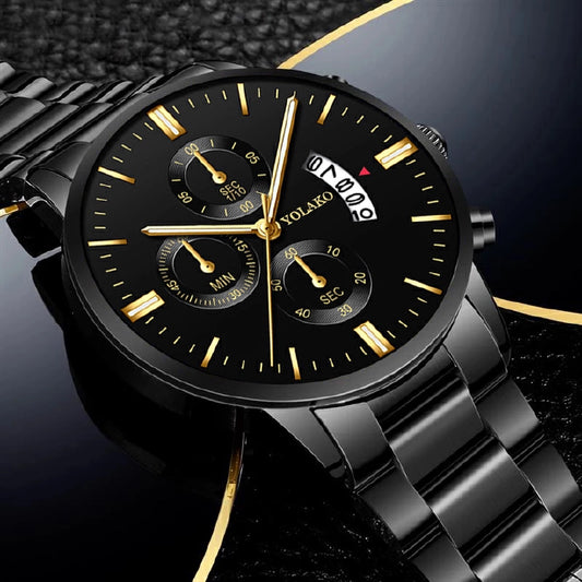 Men’s Stainless Steel Date Watch – Quartz Calendar Wristwatch + Keyring