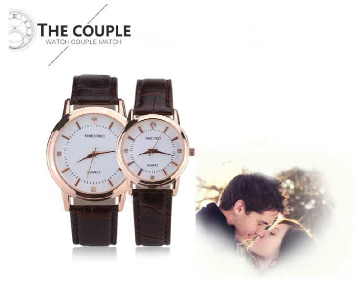 Couple Quartz Watches – Leather Strap (Brown) 2pcs