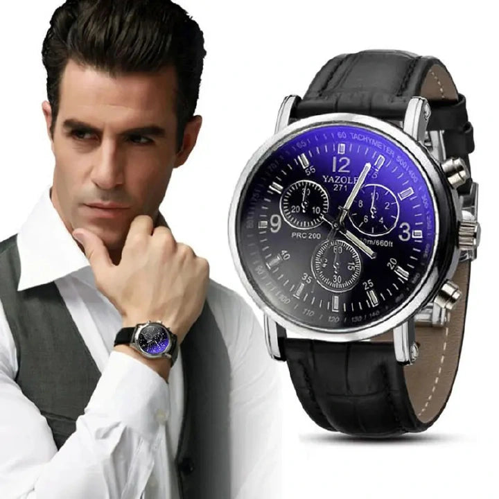 Men’s Leather Strap Quartz Watch – Stainless Steel, Waterproof