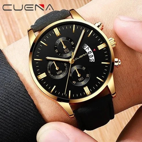 CUENA Men’s Quartz Watch – Leather Strap, Waterproof (Business Style)