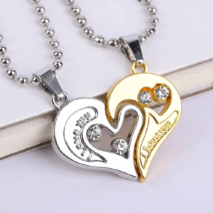 Couple Heart Pendant Necklace Set – “I Love You” (2pcs)