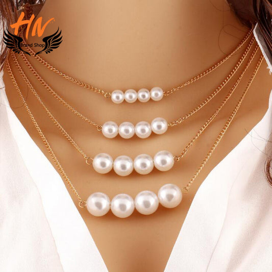 HN Multi-layer Pearl Metal Necklace – Unisex Pendant