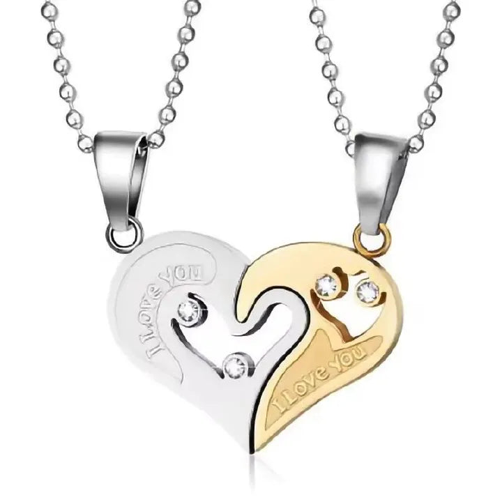 Couple Heart Pendant Necklace Set – “I Love You” (2pcs)