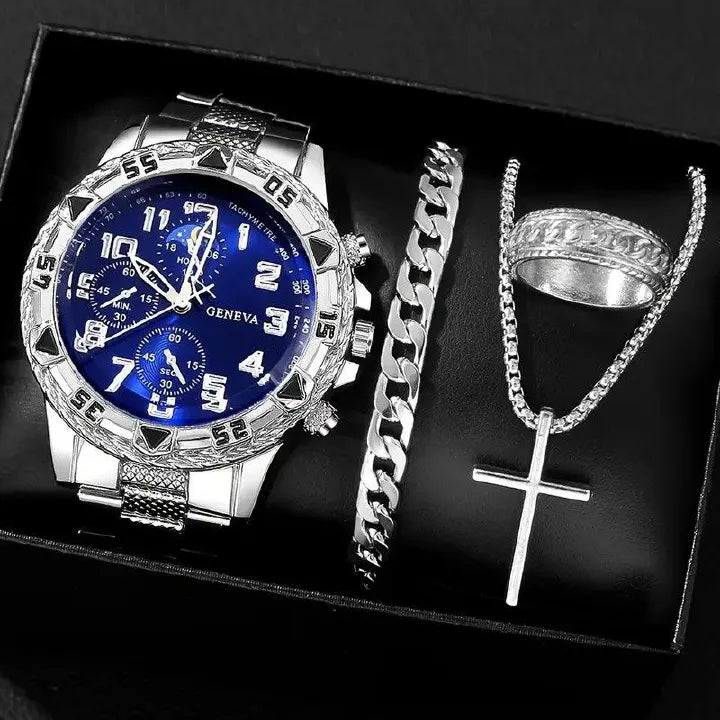 4PCS Men's Luxury Watch & Jewelry Set