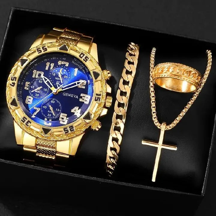 4PCS Men's Luxury Watch & Jewelry Set