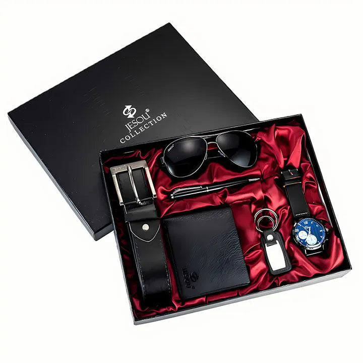 Men’s 6pcs Luxury Gift Set – Watch, Sunglasses, Belt, Wallet, Pen & Keychain