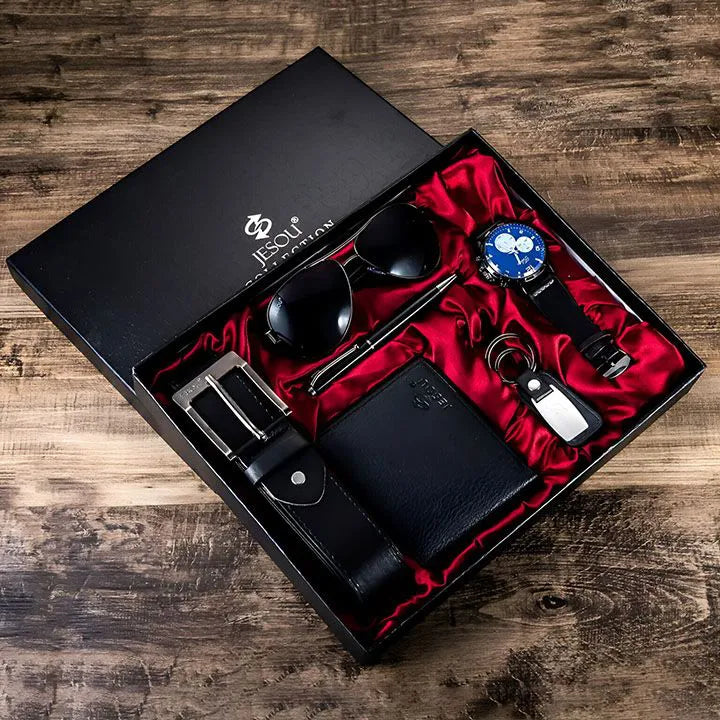 Men’s 6pcs Luxury Gift Set – Watch, Sunglasses, Belt, Wallet, Pen & Keychain