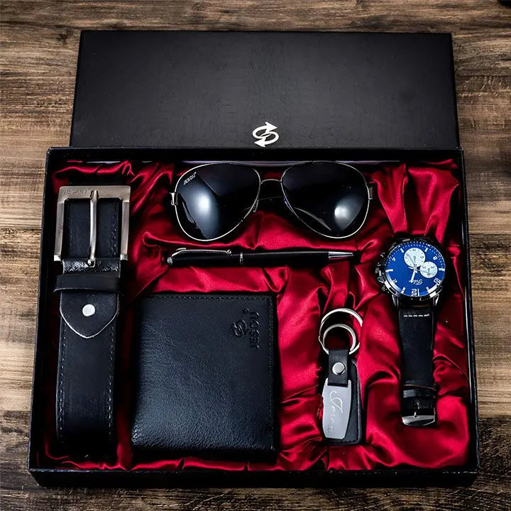 Men’s 6pcs Luxury Gift Set – Watch, Sunglasses, Belt, Wallet, Pen & Keychain