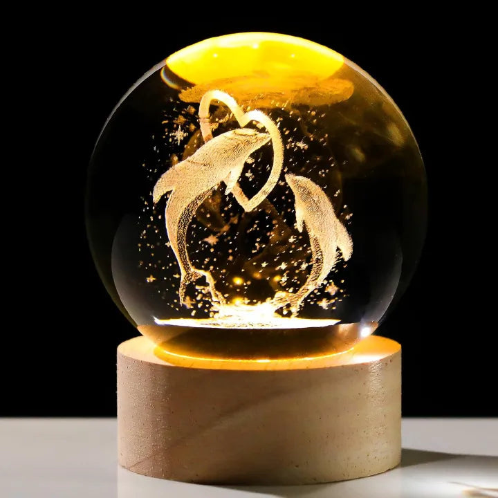 3D Dolphin Crystal Ball Decor – Wooden Light Base