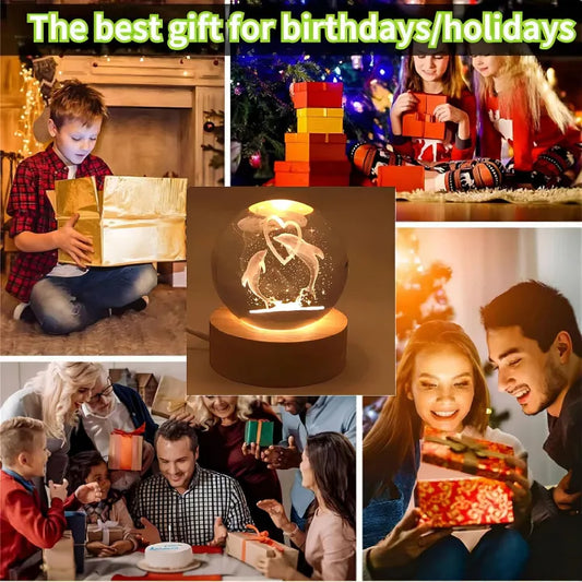 3D Dolphin Crystal Ball Decor – Wooden Light Base