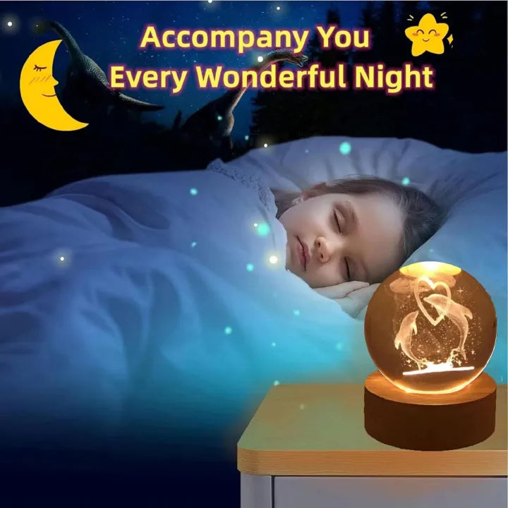 3D Dolphin Crystal Ball Decor – Wooden Light Base