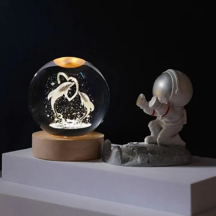 3D Dolphin Crystal Ball Decor – Wooden Light Base