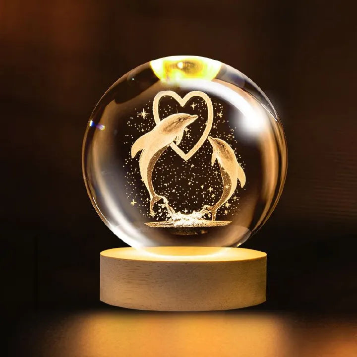 3D Dolphin Crystal Ball Decor – Wooden Light Base