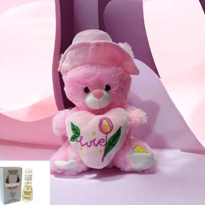 Cute Pink Teddy Bear with Love Heart & Hat . Soft Romantic Plush Gift for Special Moments + Free Perfume