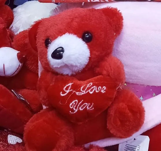 A cute and cuddly bright red plush teddy bear holding a heart with "I Love You" embroidery.