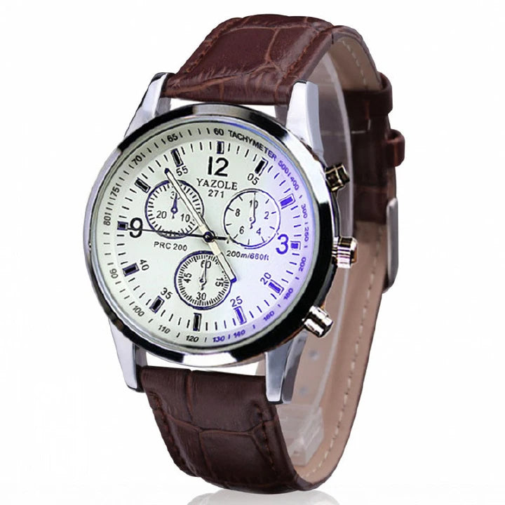 Men’s Leather Strap Quartz Watch – Stainless Steel, Waterproof