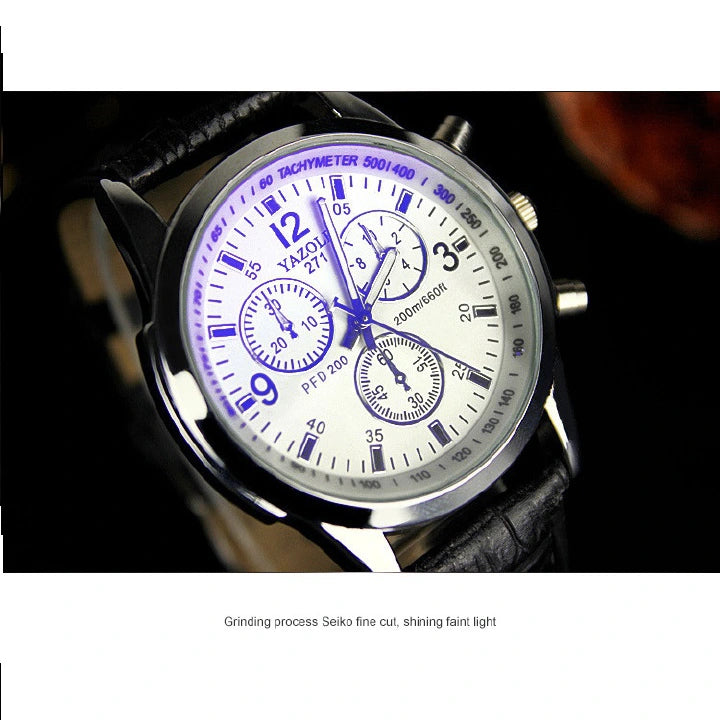 Men’s Leather Strap Quartz Watch – Stainless Steel, Waterproof
