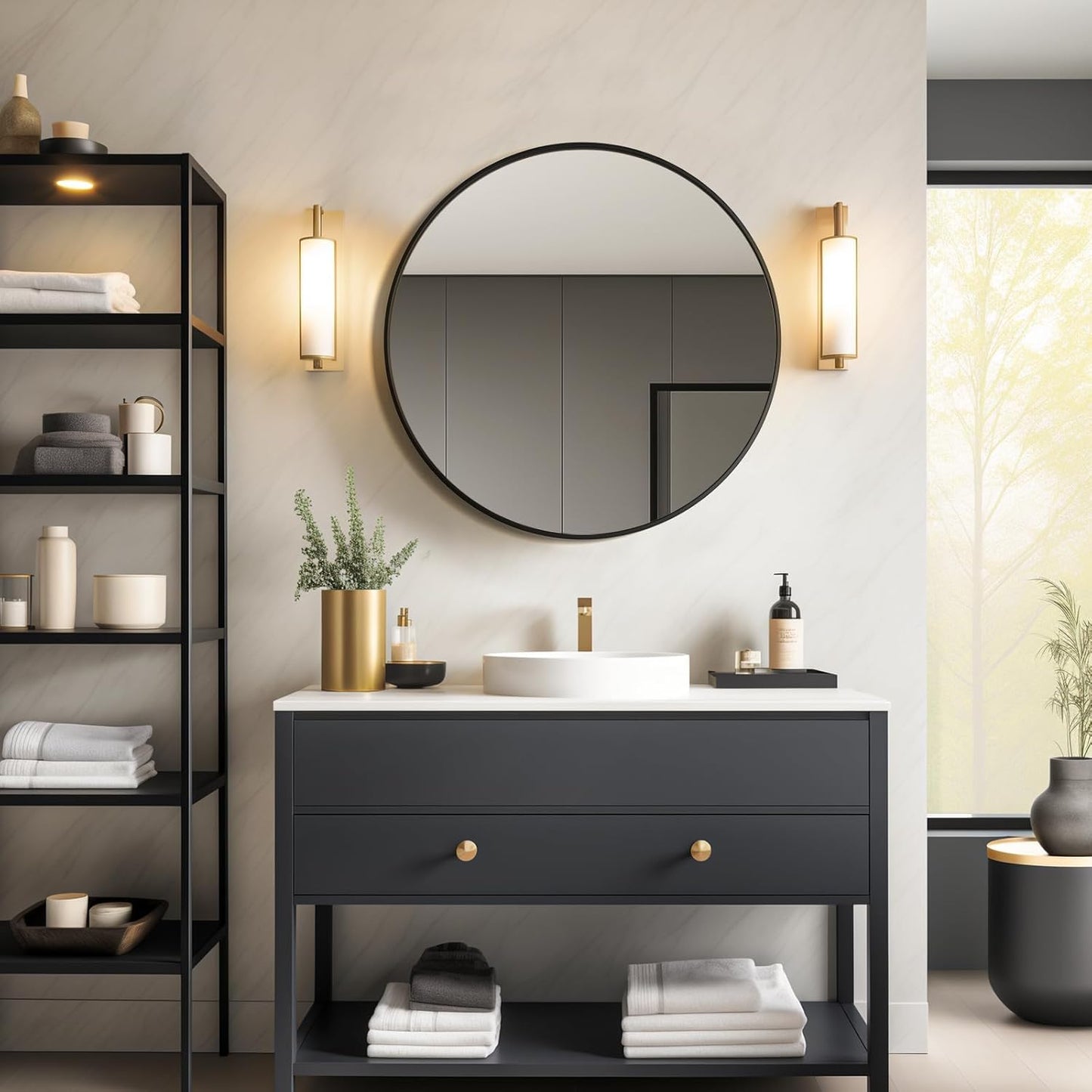 USHOWER Black Round Bathroom Mirror – 24 Inch Metal Frame