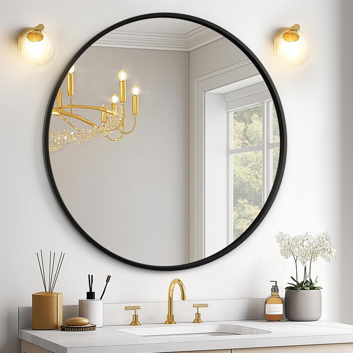 USHOWER Black Round Bathroom Mirror – 24 Inch Metal Frame