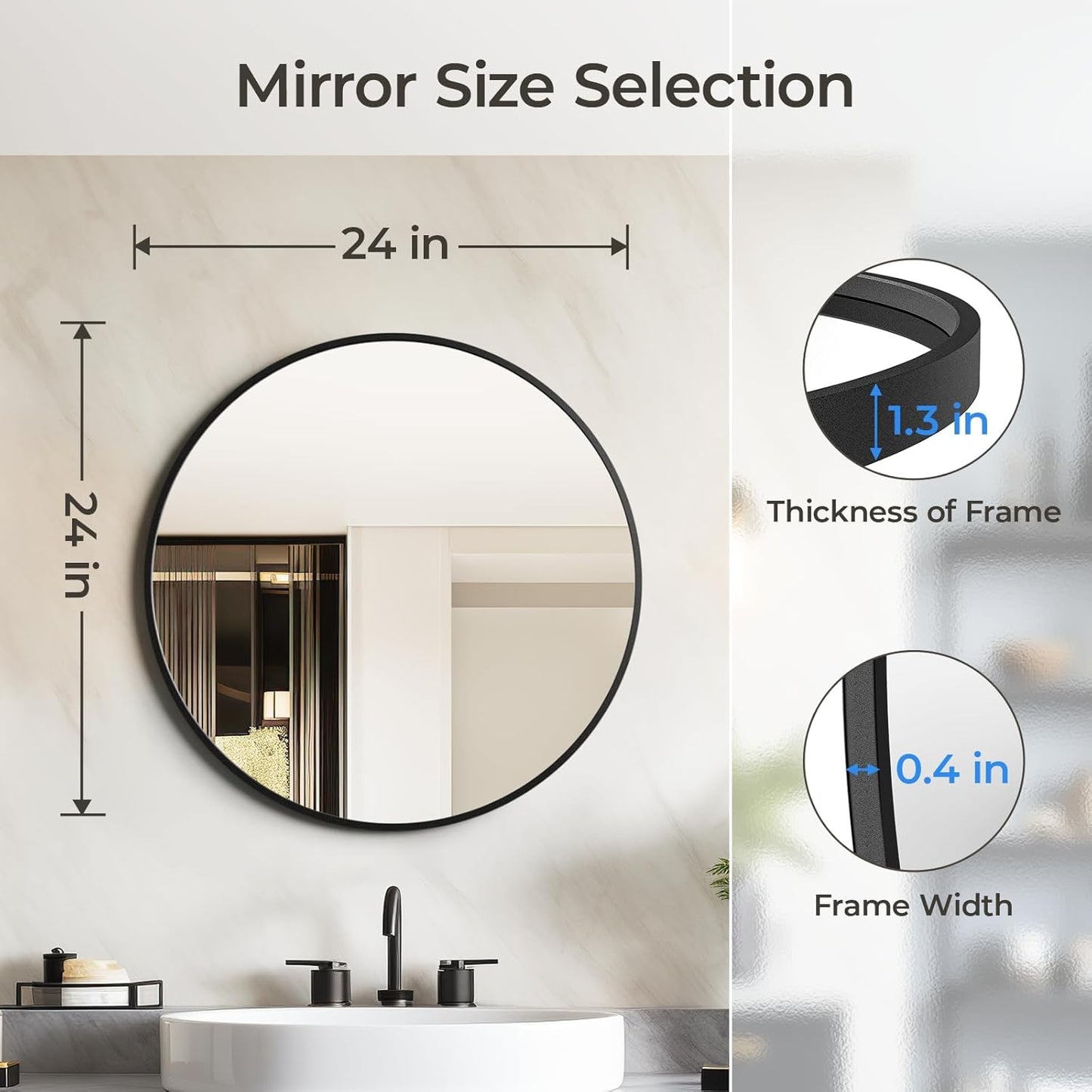 USHOWER Black Round Bathroom Mirror – 24 Inch Metal Frame